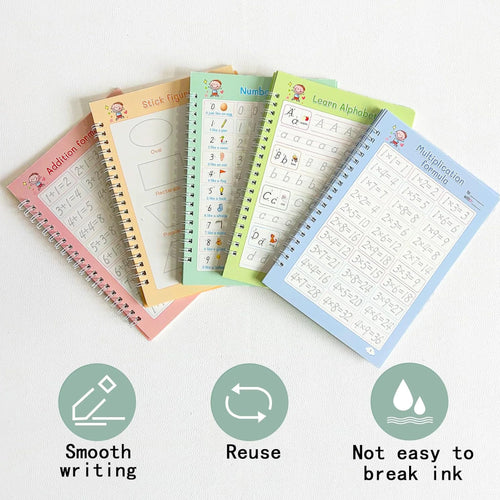 Magic Groove Handwriting Practice Copybook, Reusable A5 Learning Notebook for Kids, 5 Books with 2 Pens