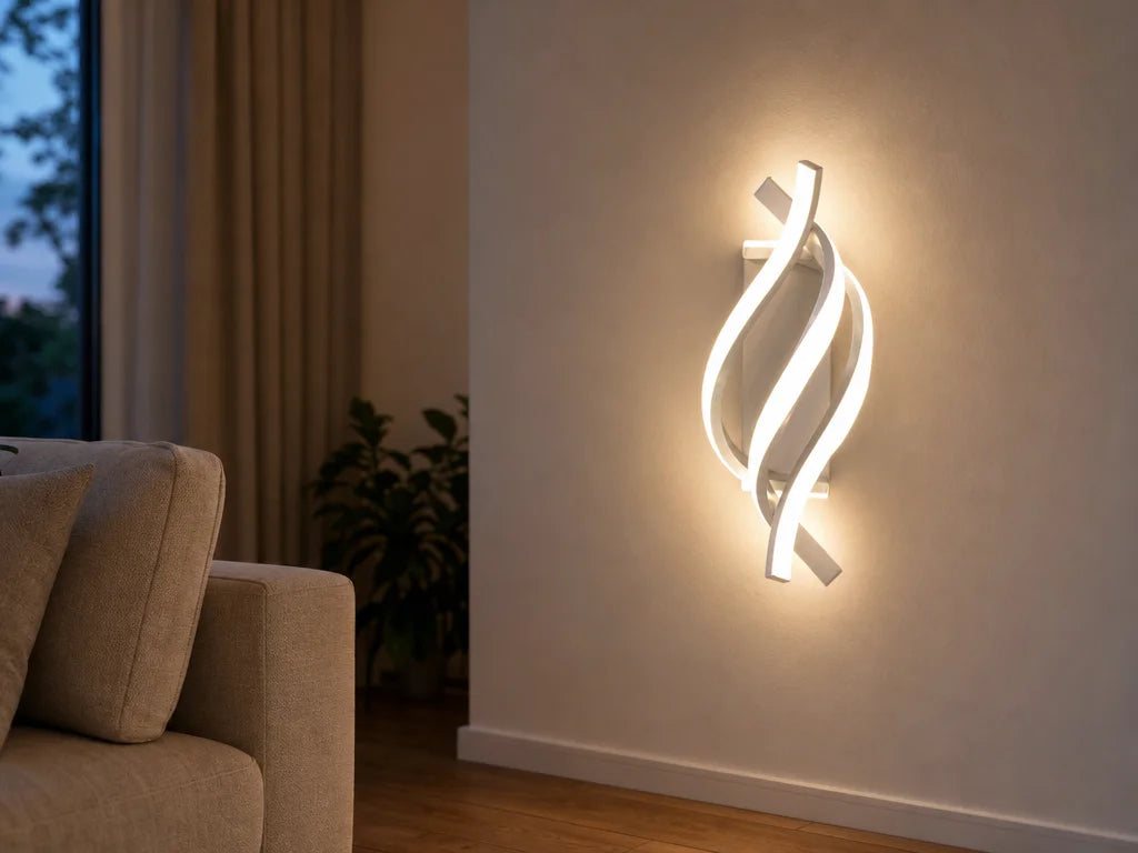 A 4:3 interior photograph of a modern living room corner at dusk. The Kidoludo Applique Murale LED T
