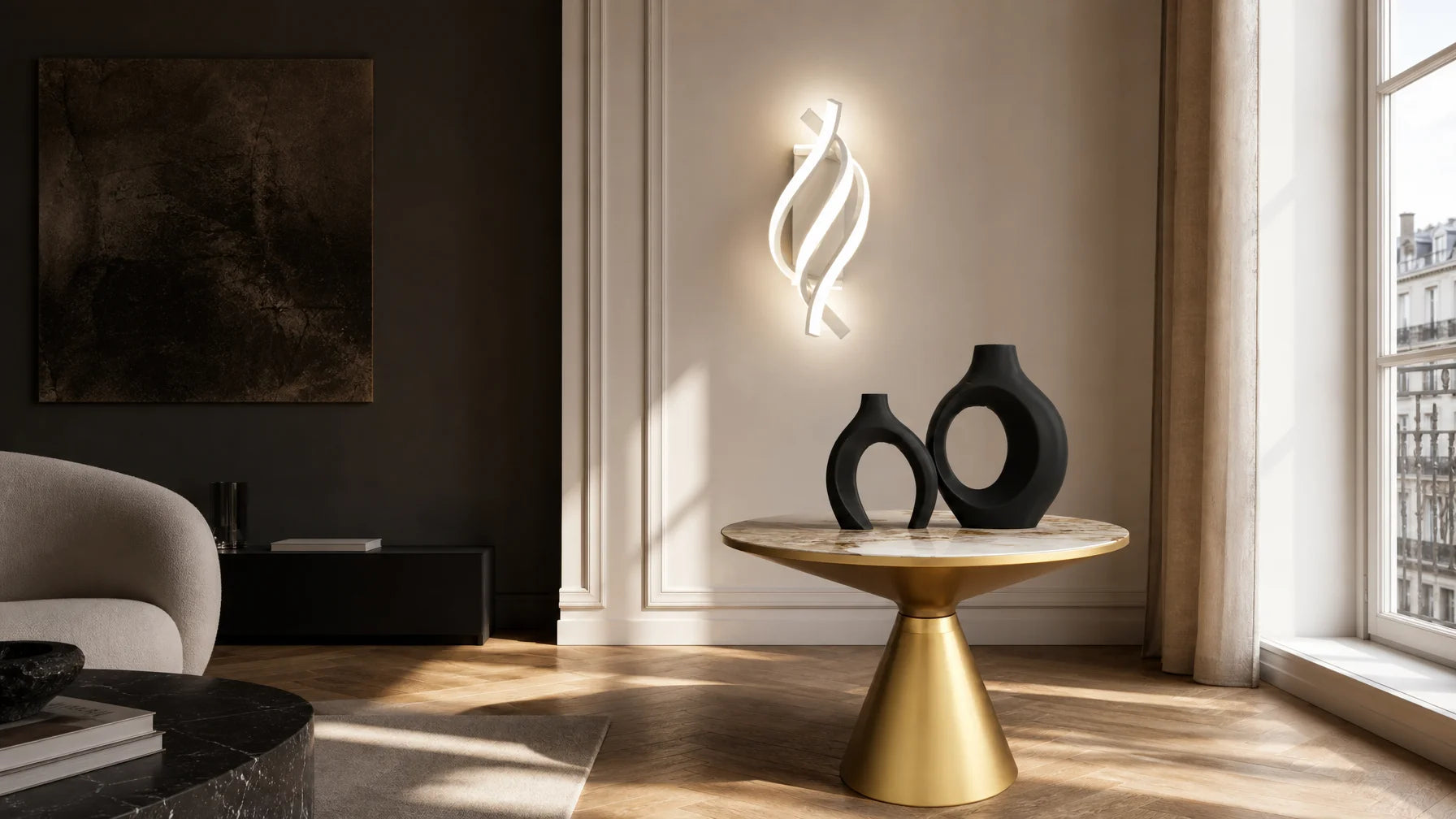 Wide 16:9 inhabited interior hero built around the Kidoludo Table Basse Extensible (with its round s