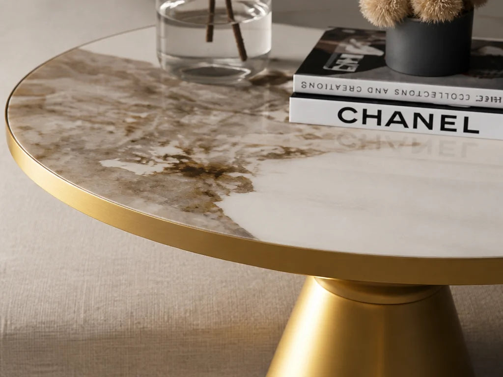 Professional decor construction macro, 4:3. Isolate the stone top and the golden metal rim of the Ki