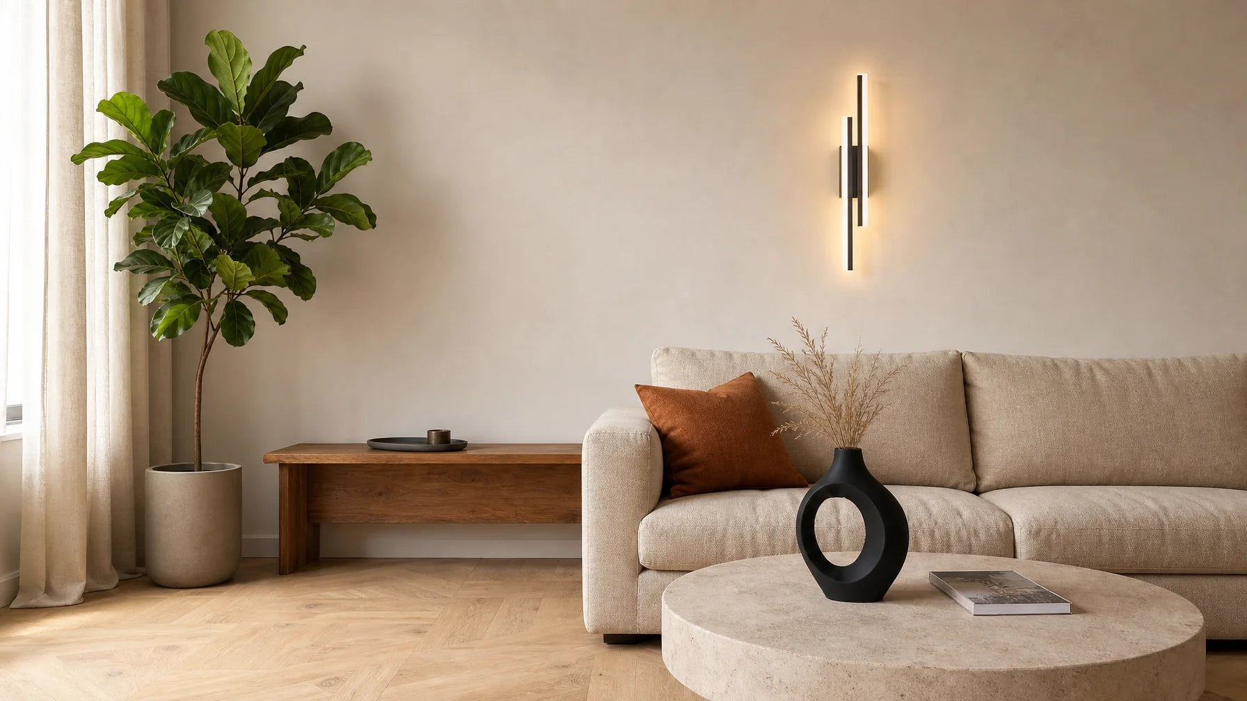 Photorealistic interior photograph, 16:9 wide establishing shot of a living room corner. A softly li