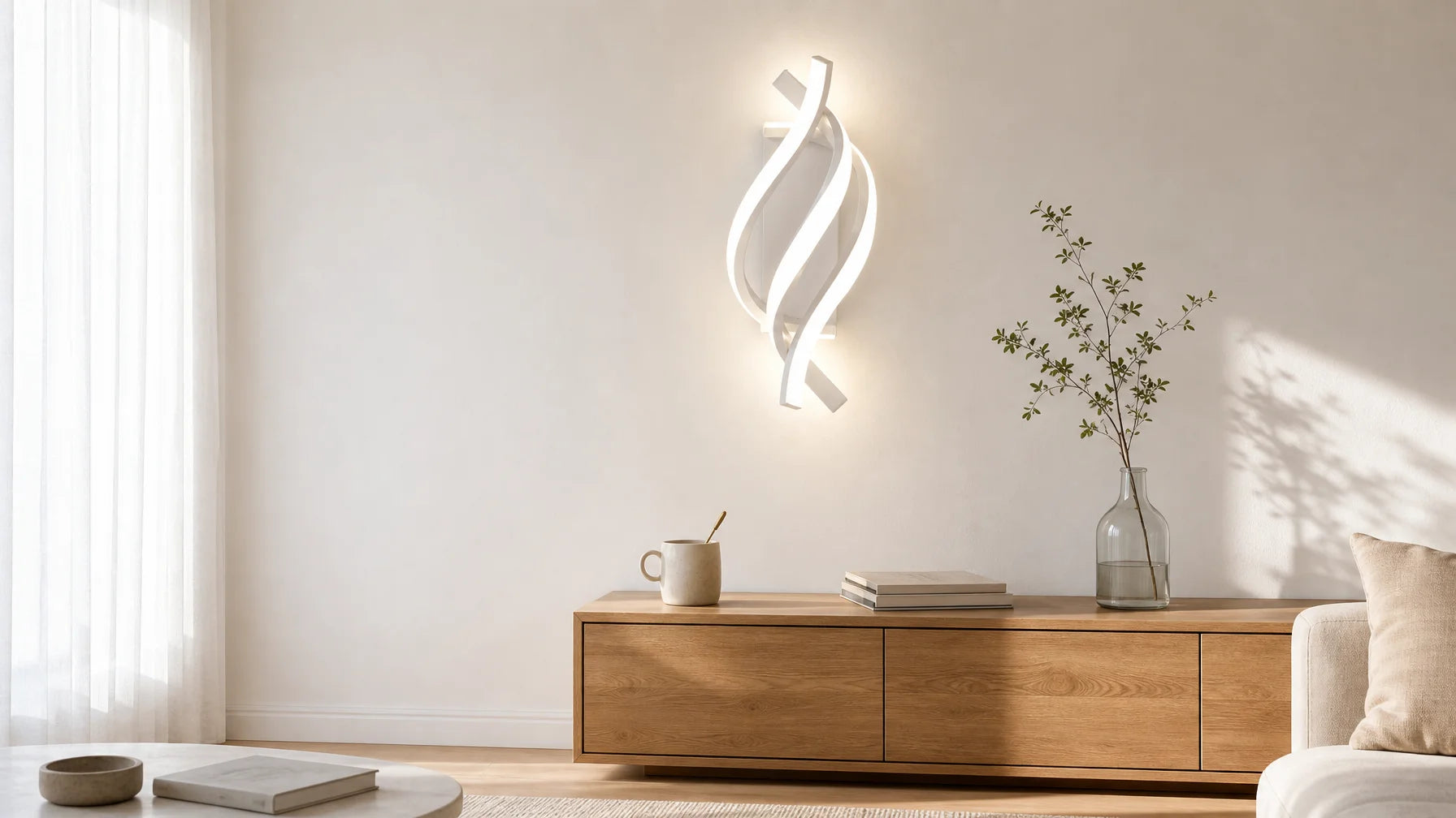 Wide 16:9 inhabited interior hero built around the Applique Murale LED Triple Ligne Ondulée (from im